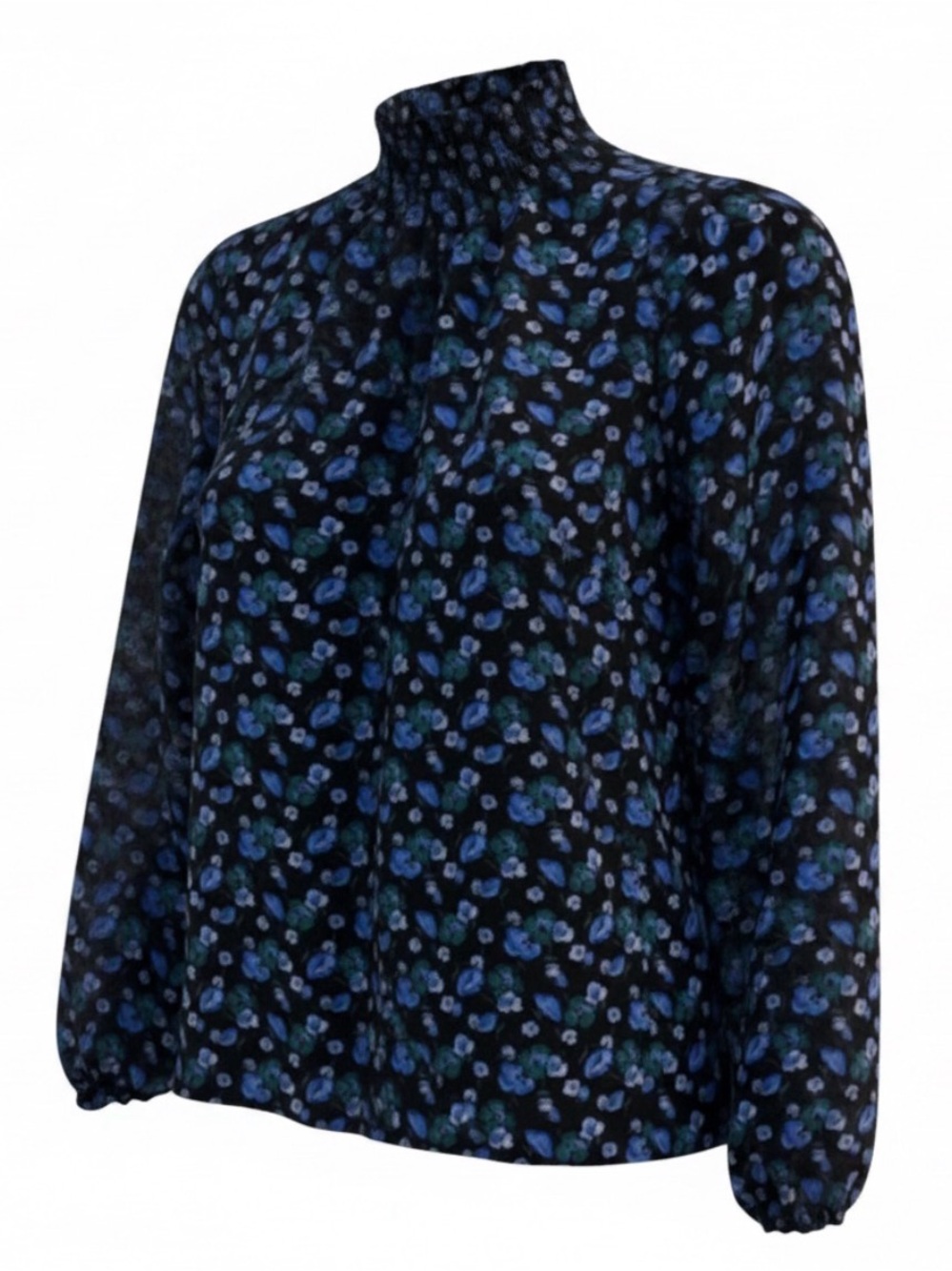 J. Crew Oversized Blouse with High Neck in Black with Blue Floral Print